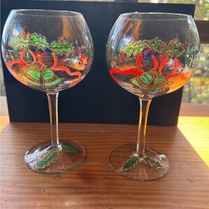 Festive Holiday Wine Glasses with Holly Design